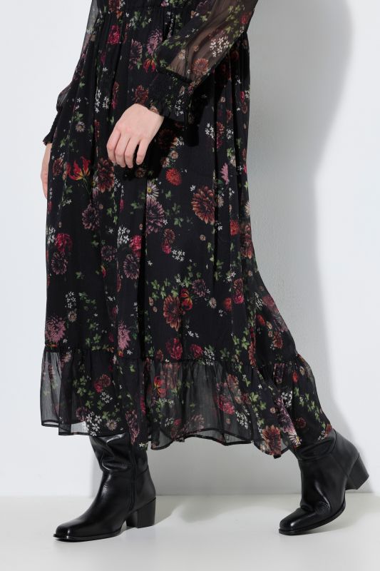 Deep Floral Chiffon Ruffle Dress
