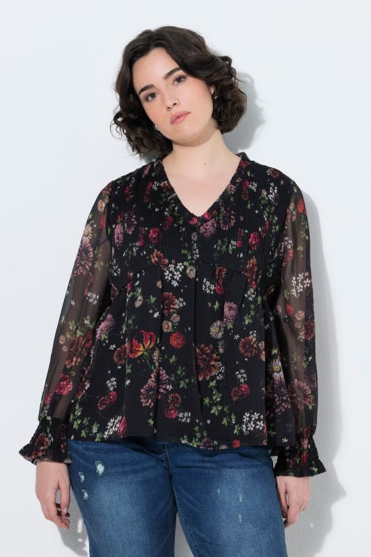 Deep Floral Trumpet Sleeve Chiffon Blouse