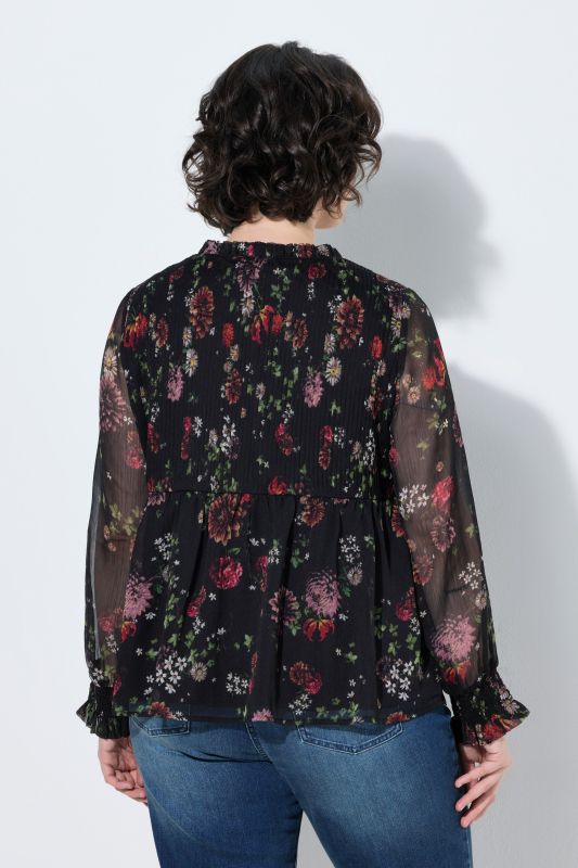 Deep Floral Trumpet Sleeve Chiffon Blouse