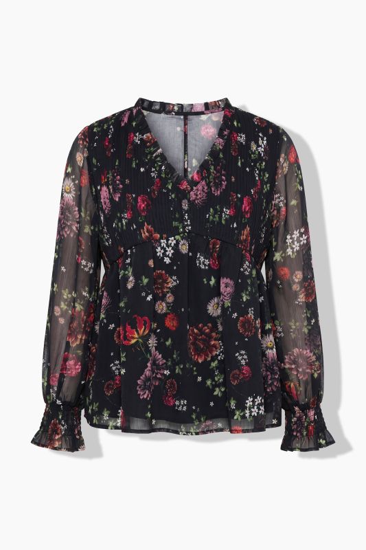 Deep Floral Trumpet Sleeve Chiffon Blouse