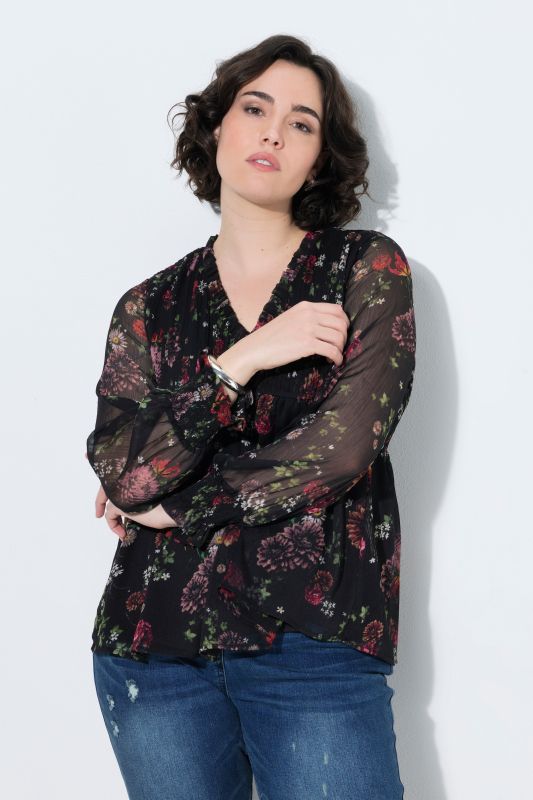 Deep Floral Trumpet Sleeve Chiffon Blouse