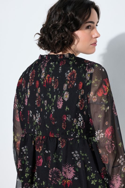 Deep Floral Trumpet Sleeve Chiffon Blouse