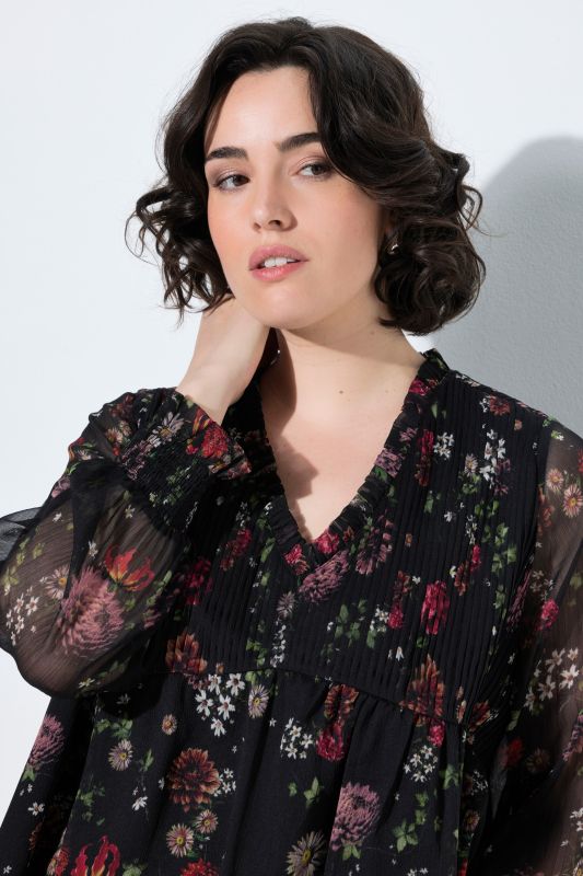 Deep Floral Trumpet Sleeve Chiffon Blouse