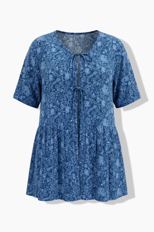 Blouse, A-line, tie closure, bell-shaped short sleeves