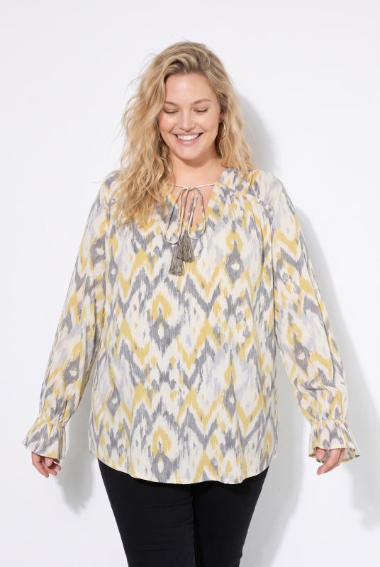 Blouse, A-line, patterned, long sleeves with flounce