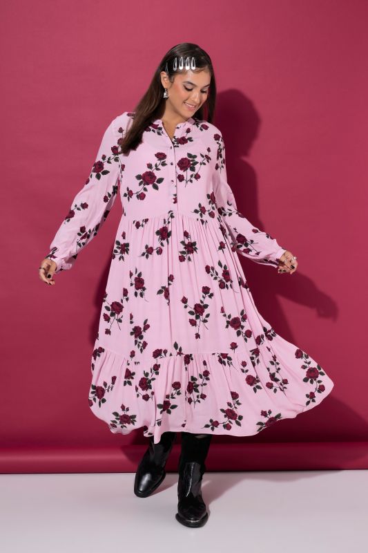 Rose Print A-Line Midi Dress