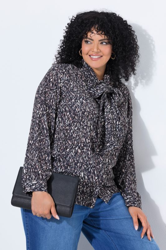 Abstract Print Long Sleeve Lavalliere Blouse