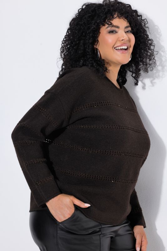 Sparkling Openwork Striped Long Sleeve Sweater