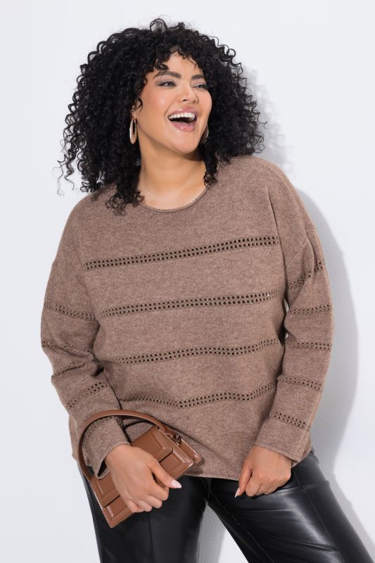 Sparkling Openwork Striped Long Sleeve Sweater
