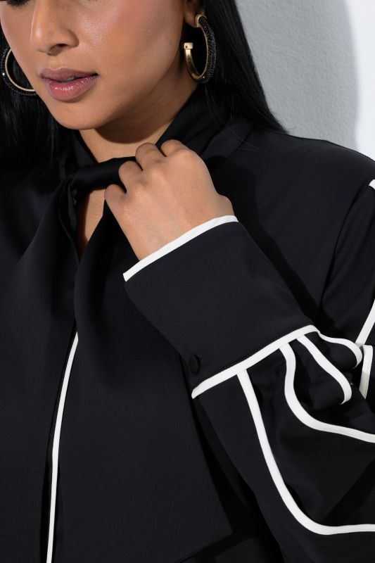 Contrast Piping Tie-Neck Blouse