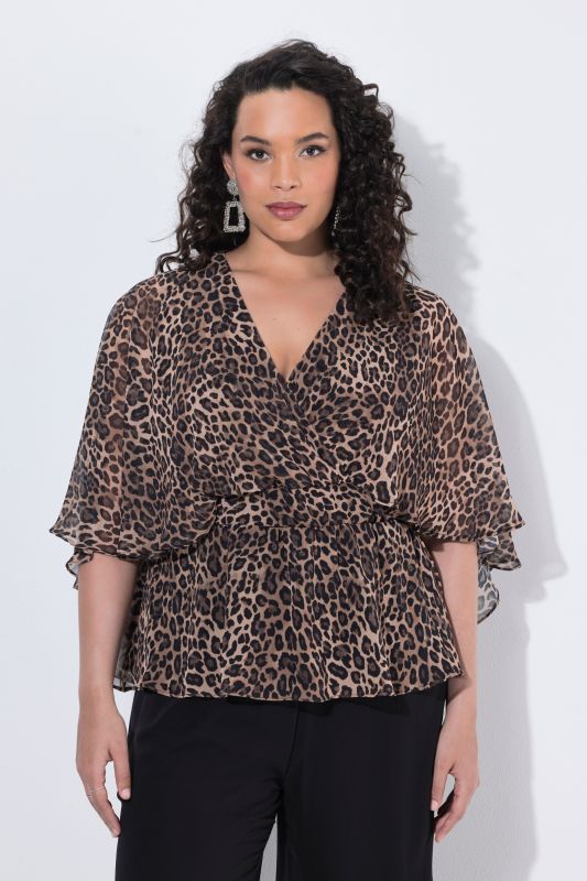 Leopard Print Chiffon Cape Sleeve Blouse