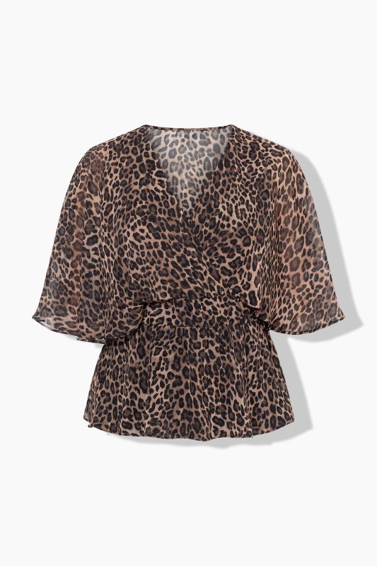 Leopard Print Chiffon Cape Sleeve Blouse