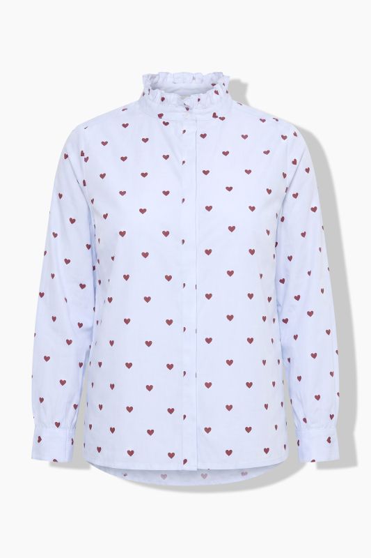 Heart Print Ruffled Collar Button-Down Blouse