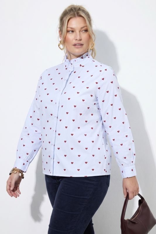 Heart Print Ruffled Collar Button-Down Blouse
