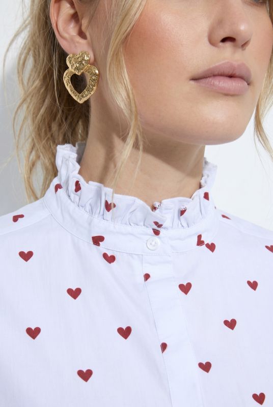 Heart Print Ruffled Collar Button-Down Blouse