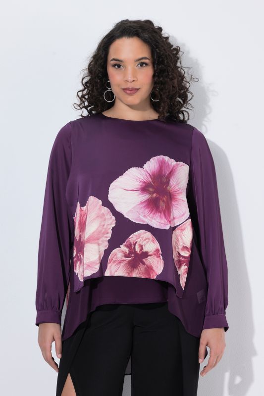 Layered Satin and Chiffon Flower Motif Blouse