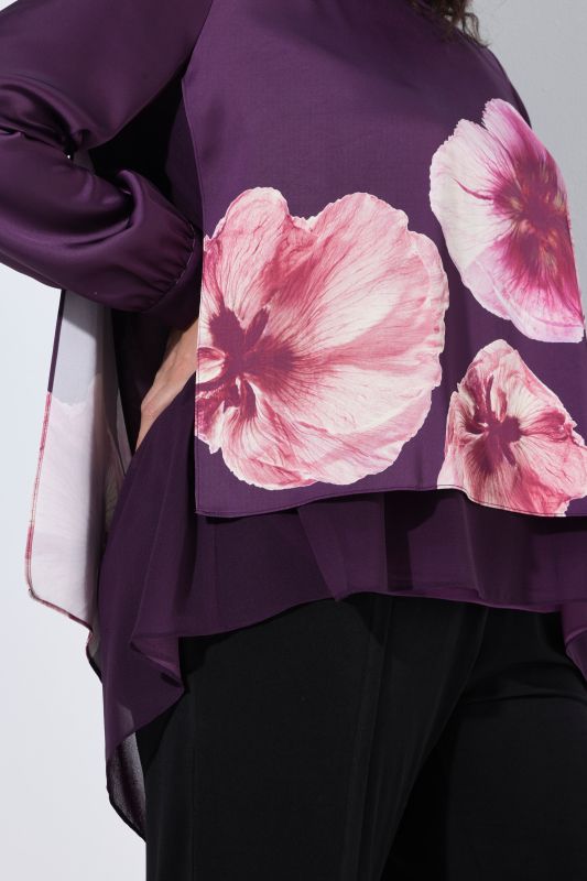 Layered Satin and Chiffon Flower Motif Blouse