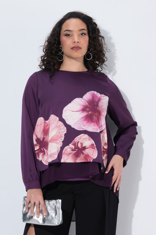 Layered Satin and Chiffon Flower Motif Blouse