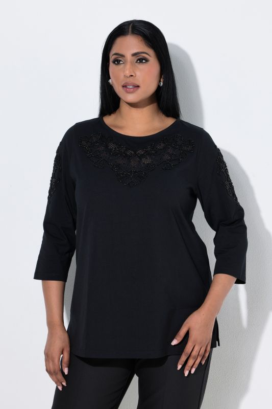 Embroidered Beadwork 3/4 Sleeve T-Shirt Blouse