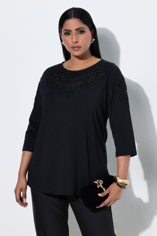 Embroidered Beadwork 3/4 Sleeve T-Shirt Blouse