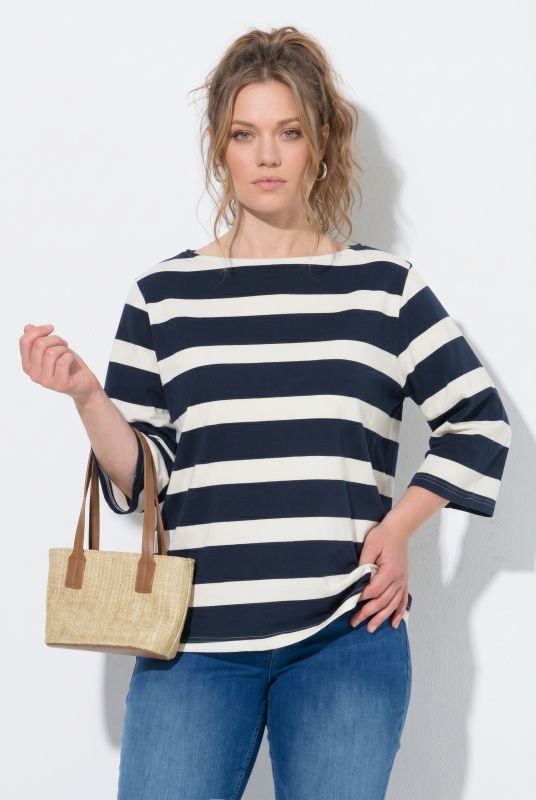 Striped 3/4 Sleeve Boat Neck Tee