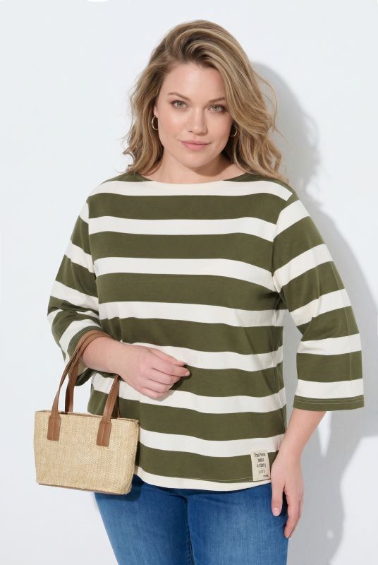 Striped 3/4 Sleeve Boat Neck Tee