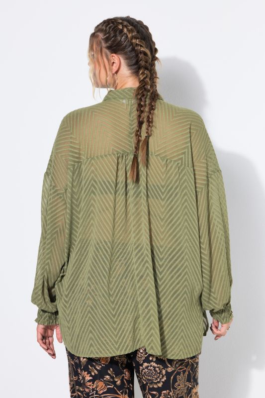 Oversized Sheer Chevron Long Sleeve Blouse