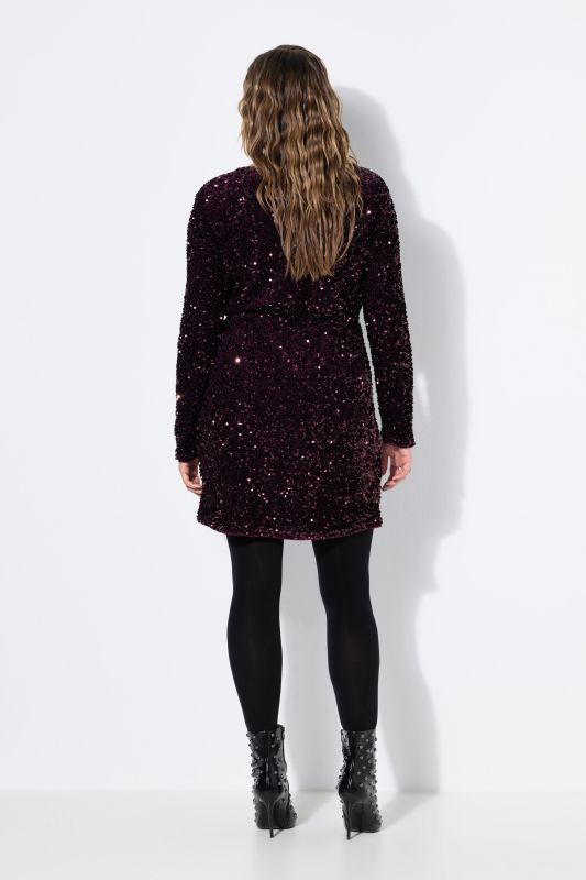 Sequined Wrap Look Long Sleeve V-Neck Dress