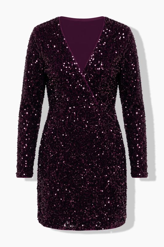 Sequined Wrap Look Long Sleeve V-Neck Dress