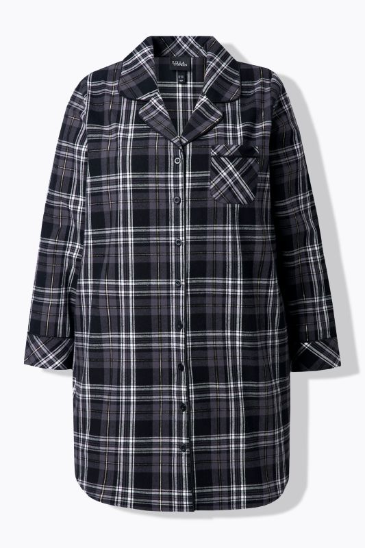 Plaid Button Front Cotton Flannel Sleep Shirt