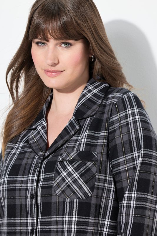 Plaid Button Front Cotton Flannel Sleep Shirt