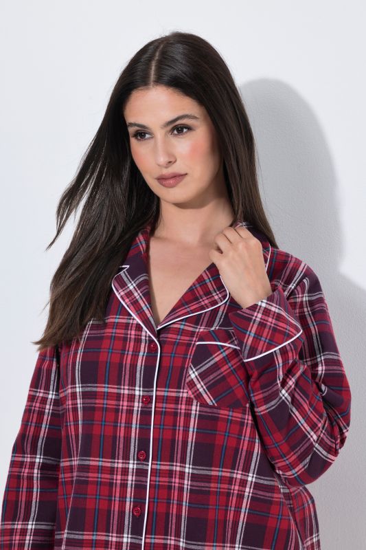 Plaid Button Front Cotton Flannel Sleep Shirt