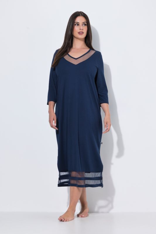 V-Neck 3/4 Sleeve Nightgown with Mesh Trim