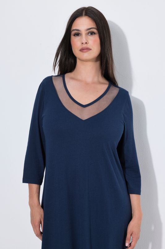 V-Neck 3/4 Sleeve Nightgown with Mesh Trim