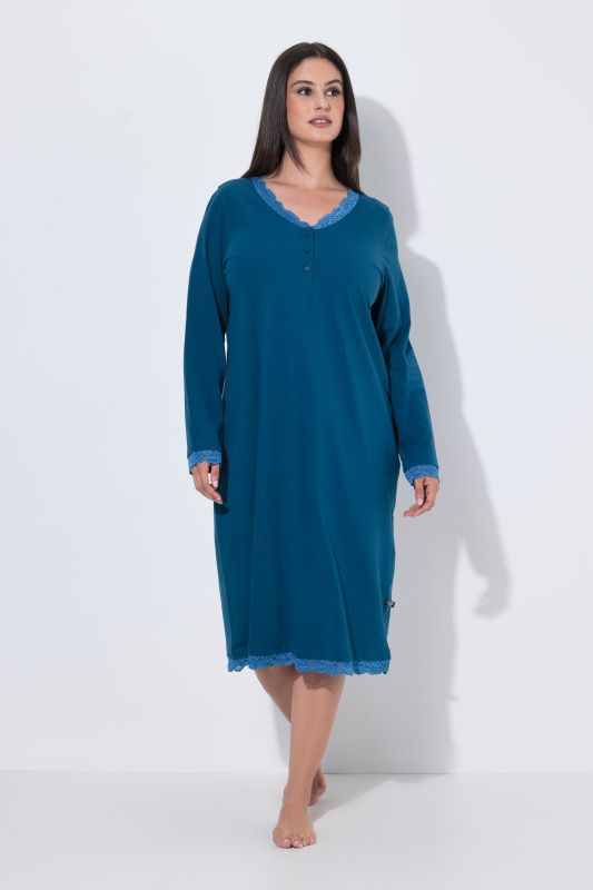 Lace Trim Long Sleeve V-Neck Nightgown