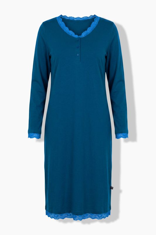 Lace Trim Long Sleeve V-Neck Nightgown