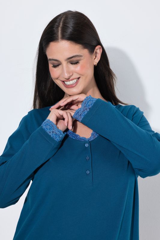 Lace Trim Long Sleeve V-Neck Nightgown