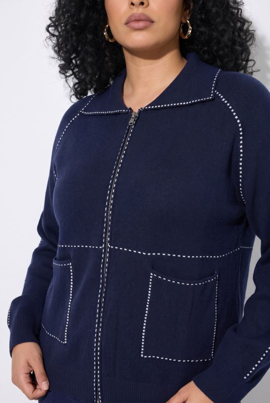 Decorative Stitch Zip-Up Cardigan
