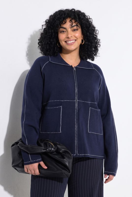 Decorative Stitch Zip-Up Cardigan