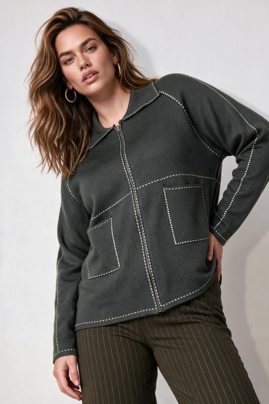 Decorative Stitch Zip-Up Cardigan
