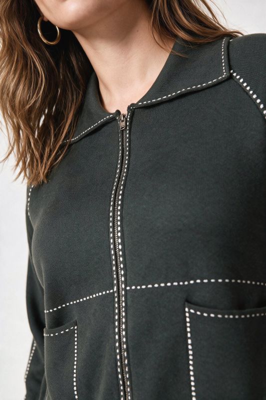 Decorative Stitch Zip-Up Cardigan