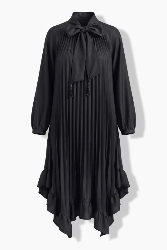 Pleated Handkerchief Hem Long Sleeve Dress