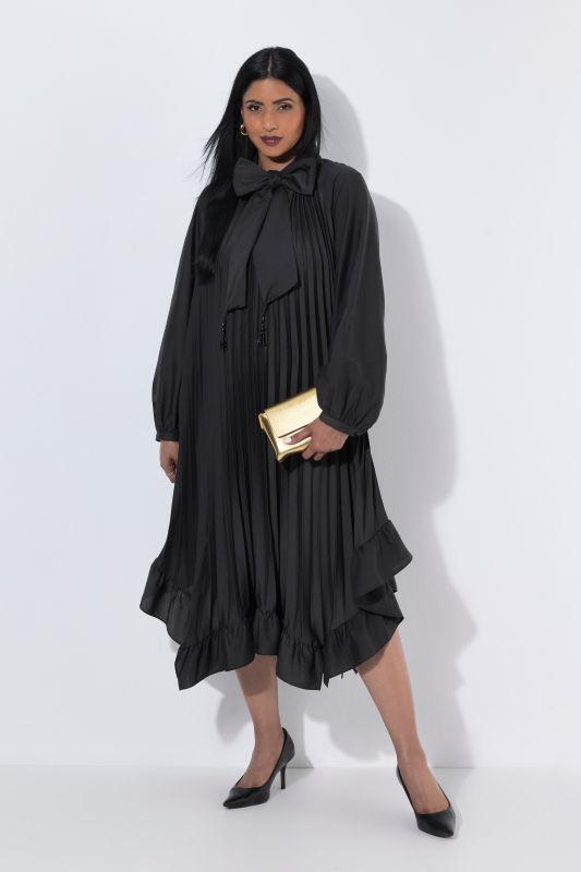 Pleated Handkerchief Hem Long Sleeve Dress