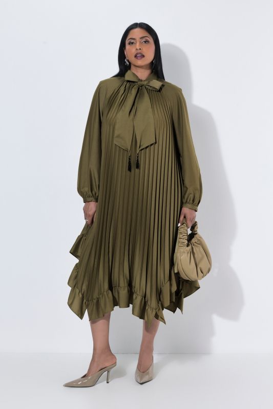 Pleated Handkerchief Hem Long Sleeve Dress