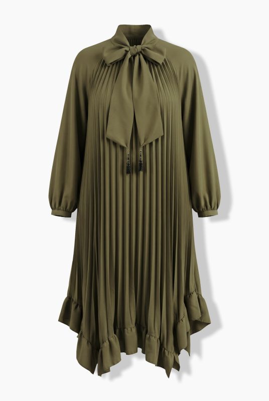 Pleated Handkerchief Hem Long Sleeve Dress