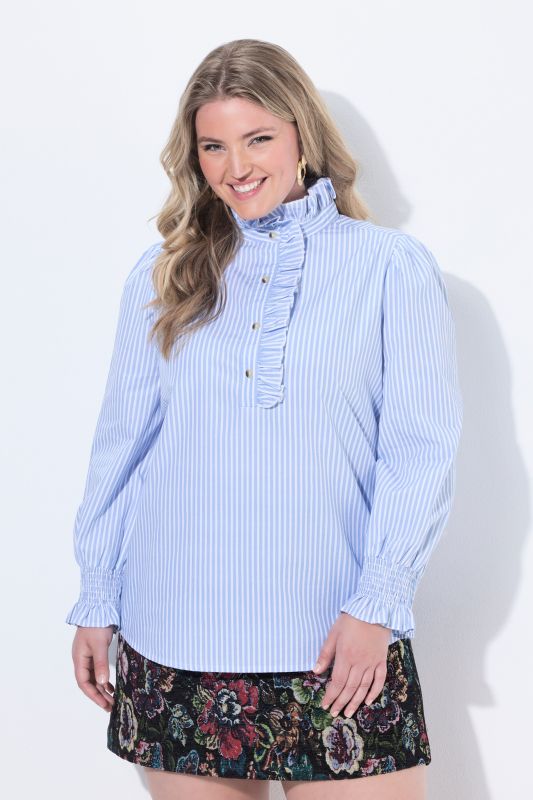 Ruffled Stand-Up Collar Long Sleeve Pinstripe Blouse