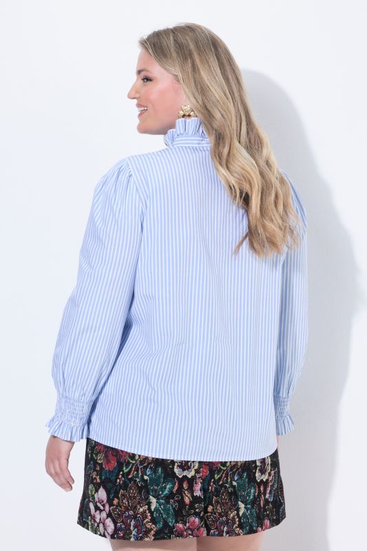 Ruffled Stand-Up Collar Long Sleeve Pinstripe Blouse