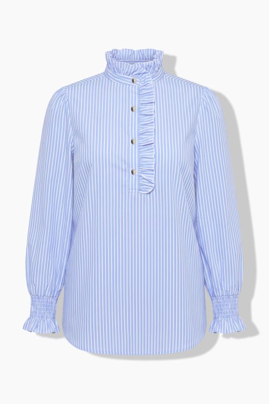Ruffled Stand-Up Collar Long Sleeve Pinstripe Blouse