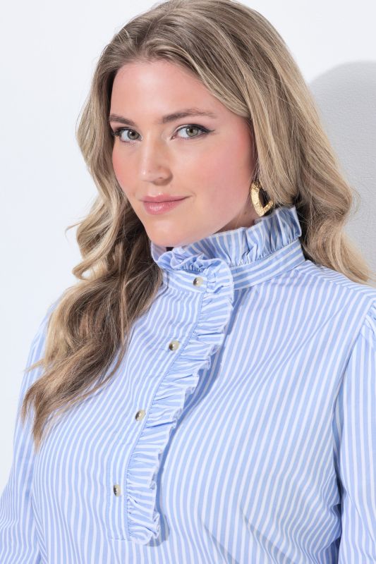 Ruffled Stand-Up Collar Long Sleeve Pinstripe Blouse