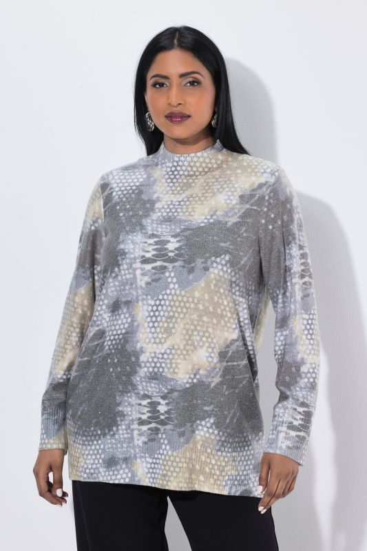 Micro-Sequined Abstract Print Long Sleeve Turtleneck Sweater